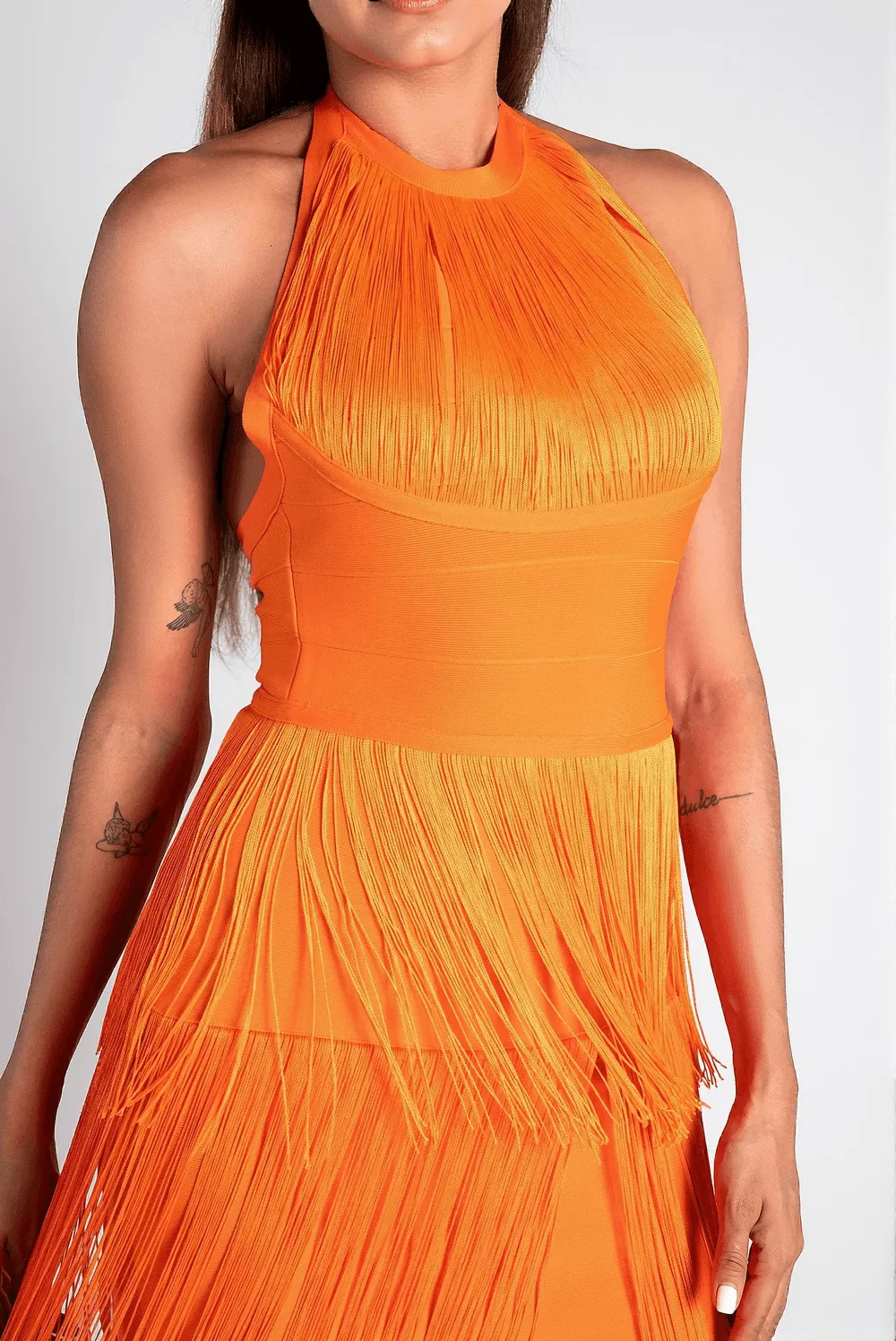Monoti Halter Fringe Bandage Dress
