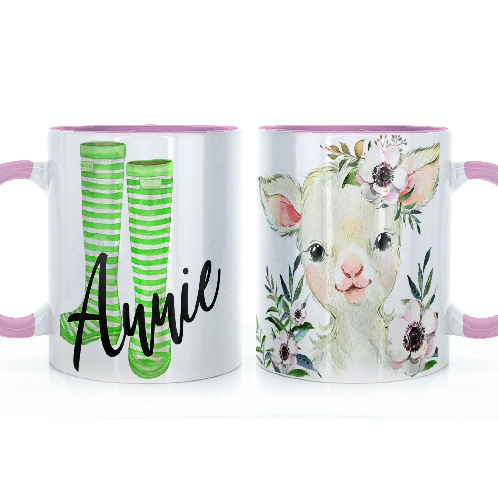 Personalised Mug with Stylish Text and White Flower Lamb & Green Striped Wellies