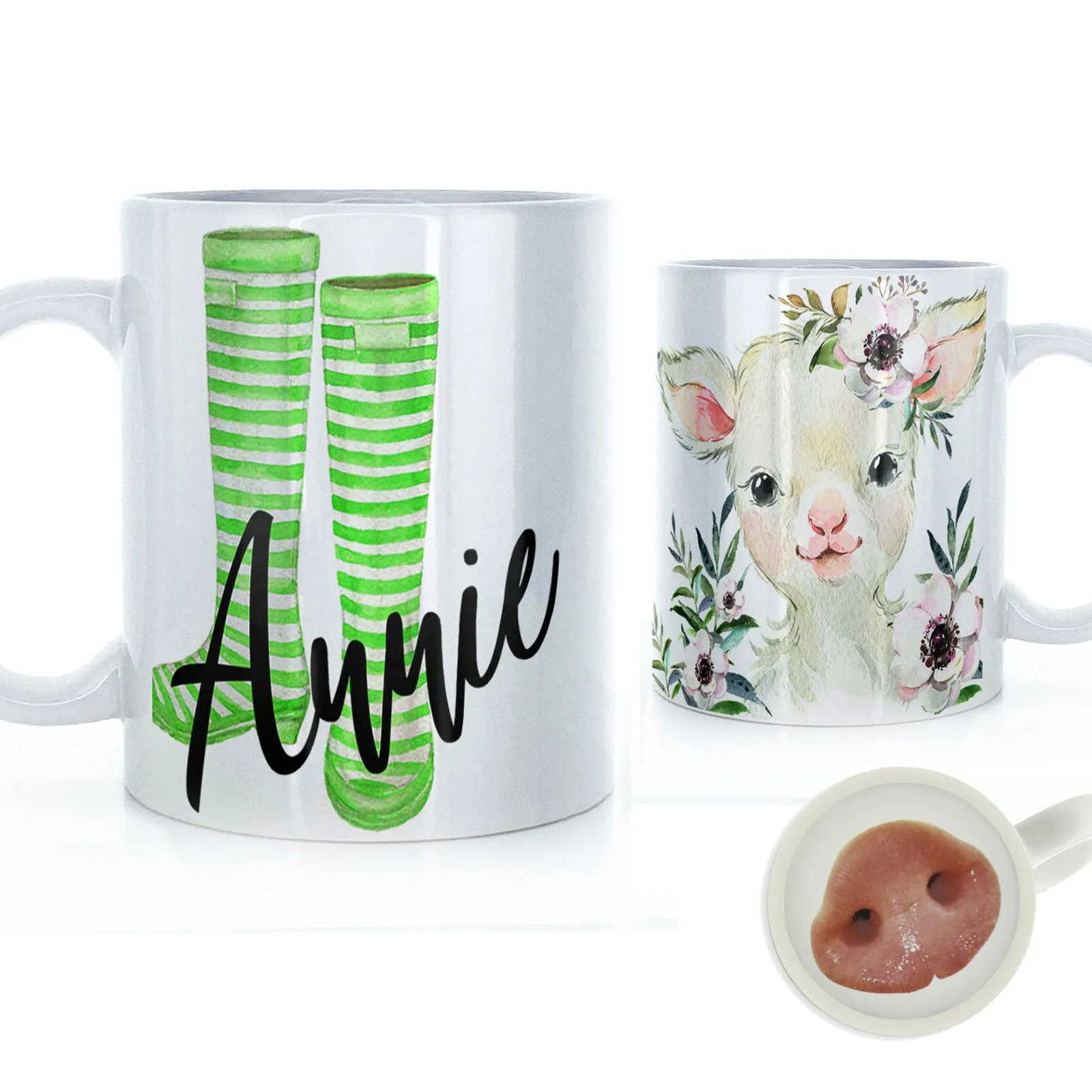 Personalised Mug with Stylish Text and White Flower Lamb & Green Striped Wellies