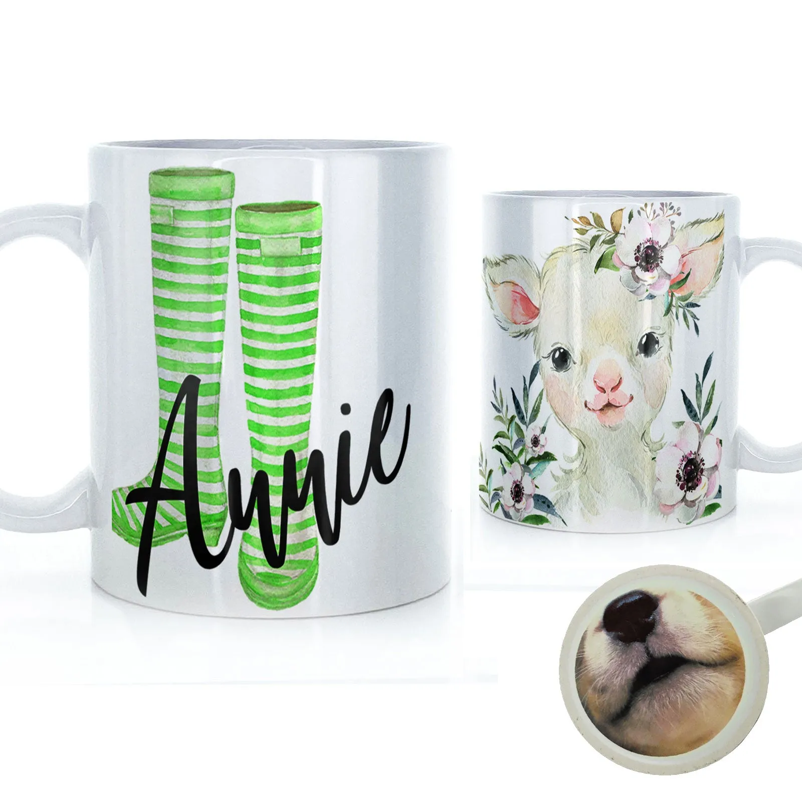 Personalised Mug with Stylish Text and White Flower Lamb & Green Striped Wellies