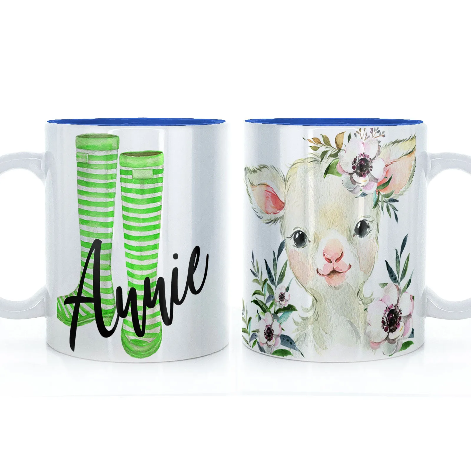 Personalised Mug with Stylish Text and White Flower Lamb & Green Striped Wellies