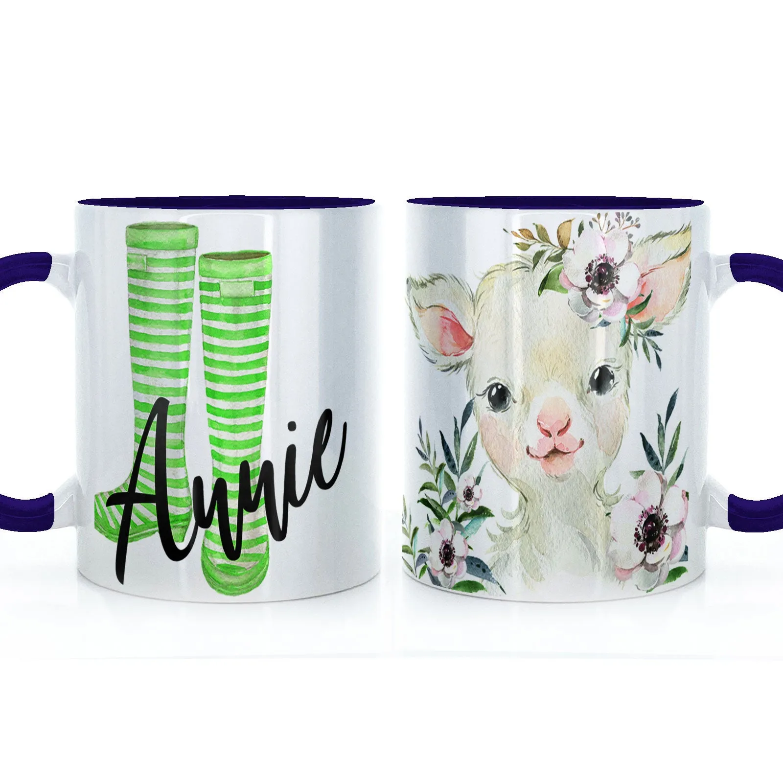 Personalised Mug with Stylish Text and White Flower Lamb & Green Striped Wellies