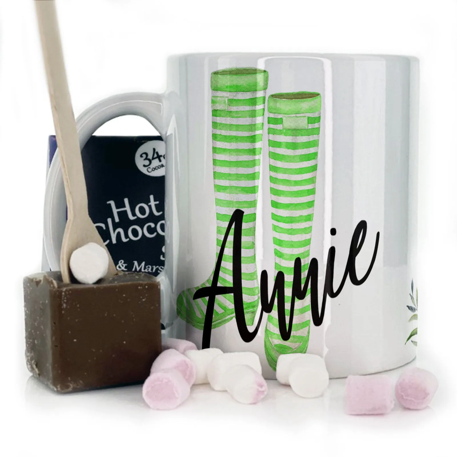Personalised Mug with Stylish Text and White Flower Lamb & Green Striped Wellies