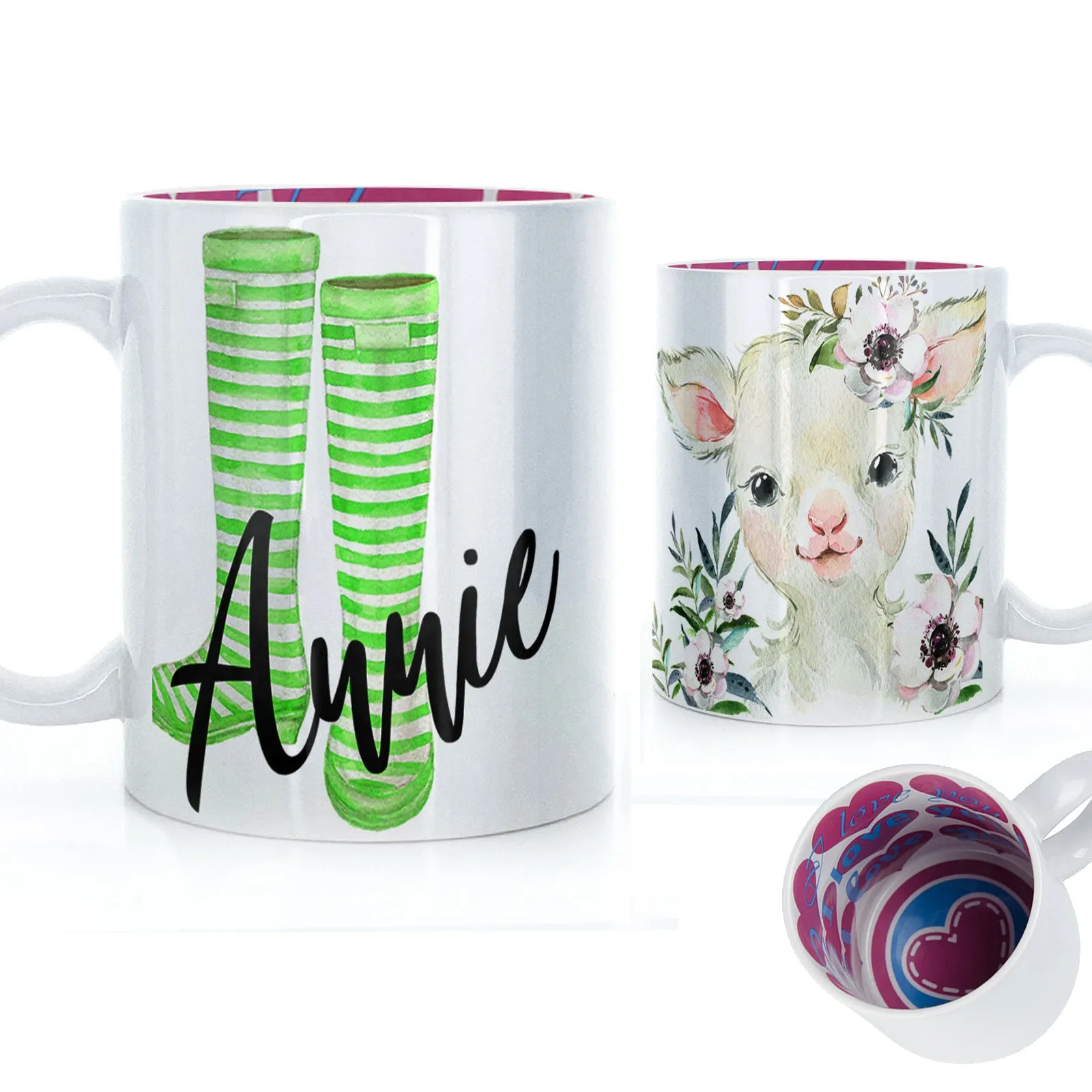 Personalised Mug with Stylish Text and White Flower Lamb & Green Striped Wellies