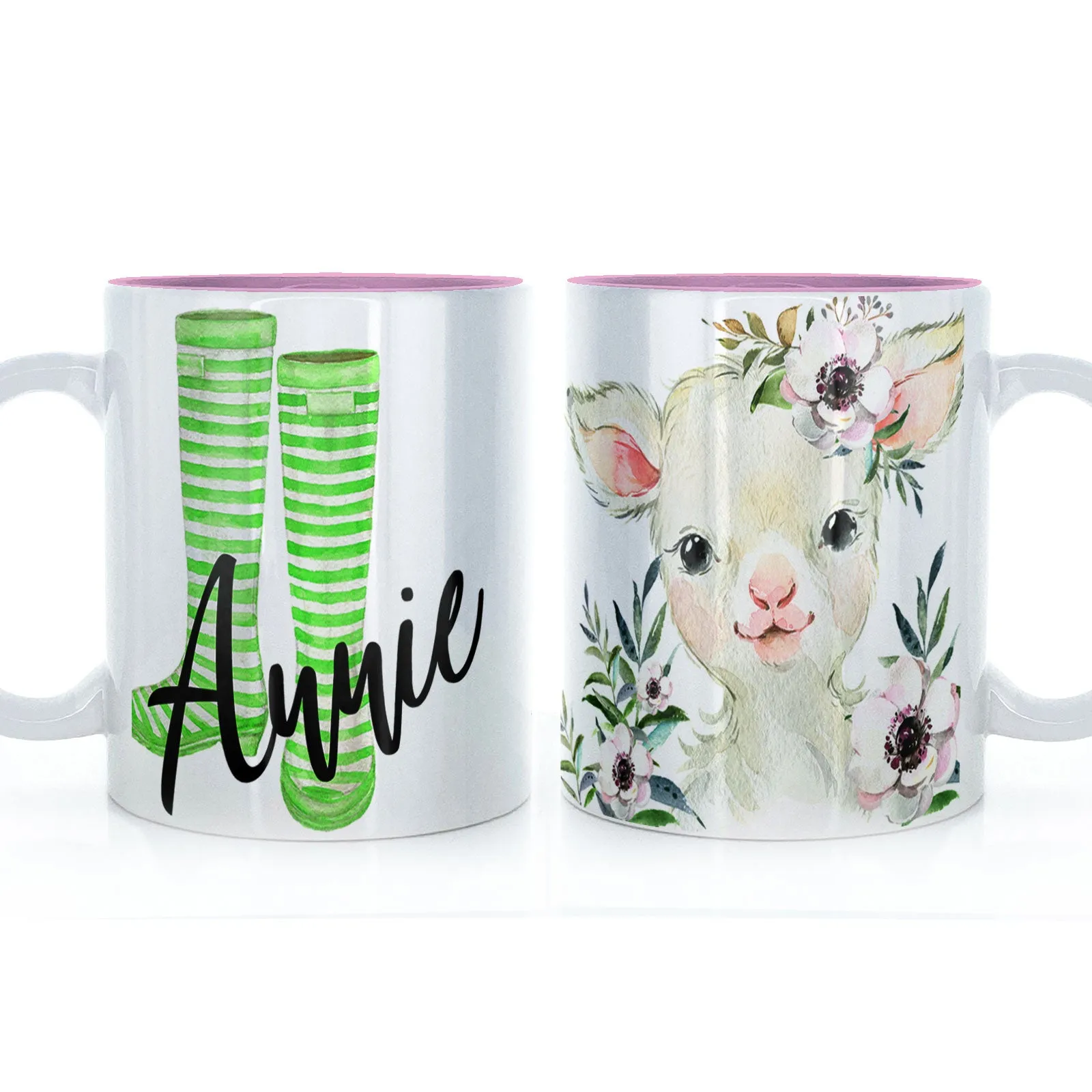 Personalised Mug with Stylish Text and White Flower Lamb & Green Striped Wellies