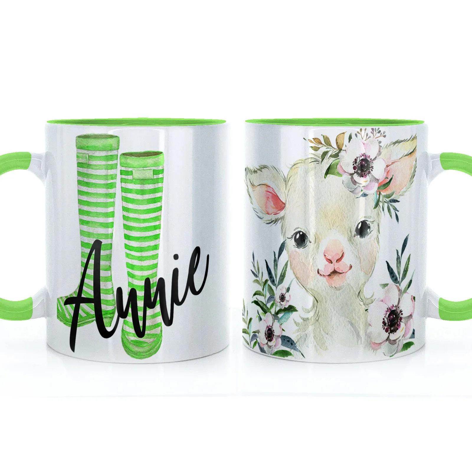 Personalised Mug with Stylish Text and White Flower Lamb & Green Striped Wellies