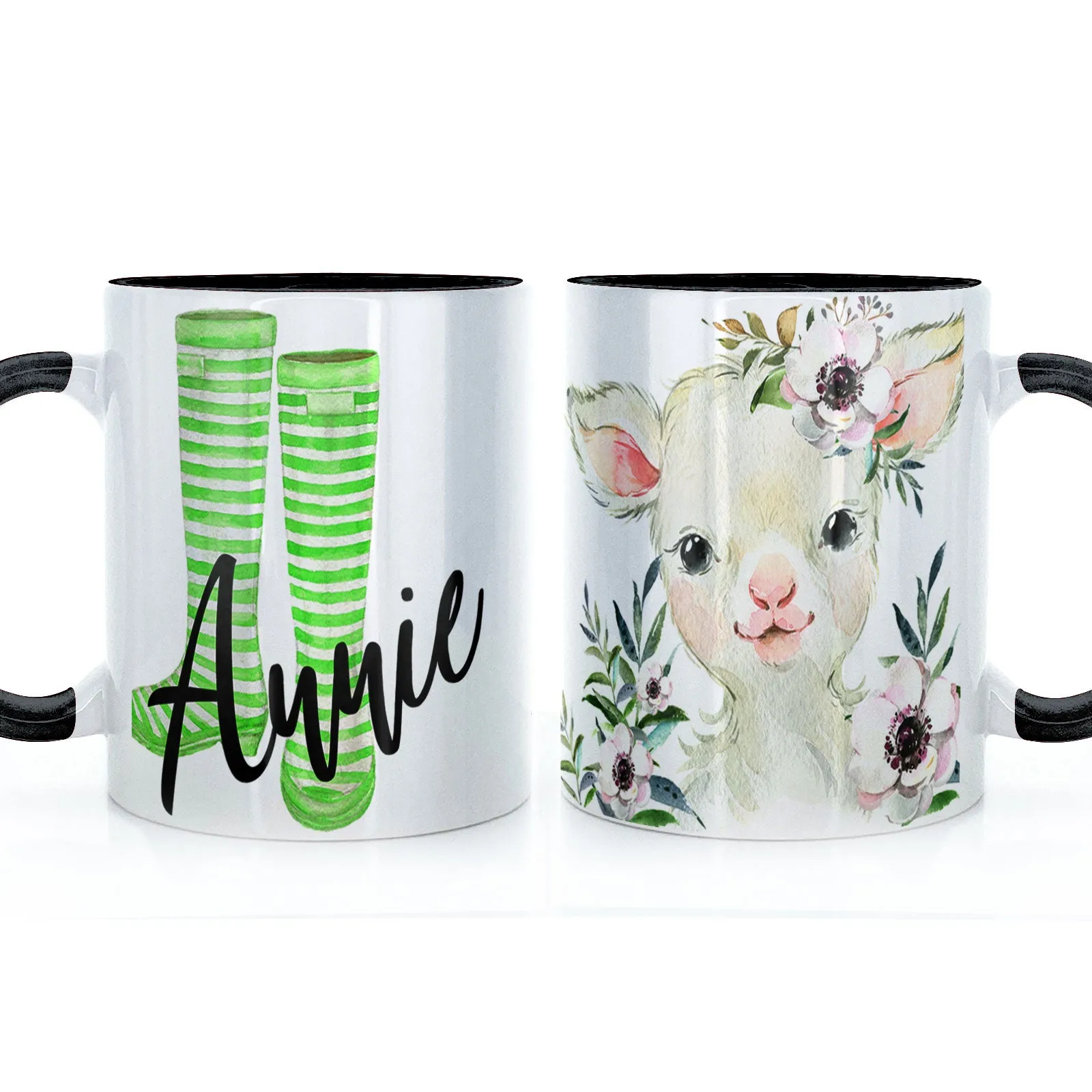 Personalised Mug with Stylish Text and White Flower Lamb & Green Striped Wellies