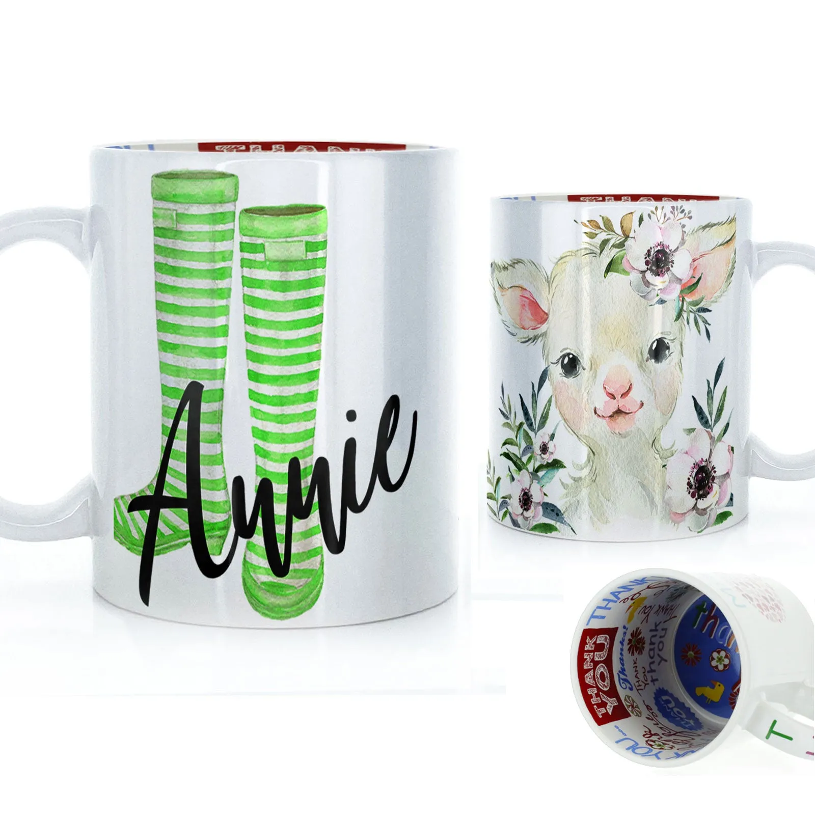 Personalised Mug with Stylish Text and White Flower Lamb & Green Striped Wellies