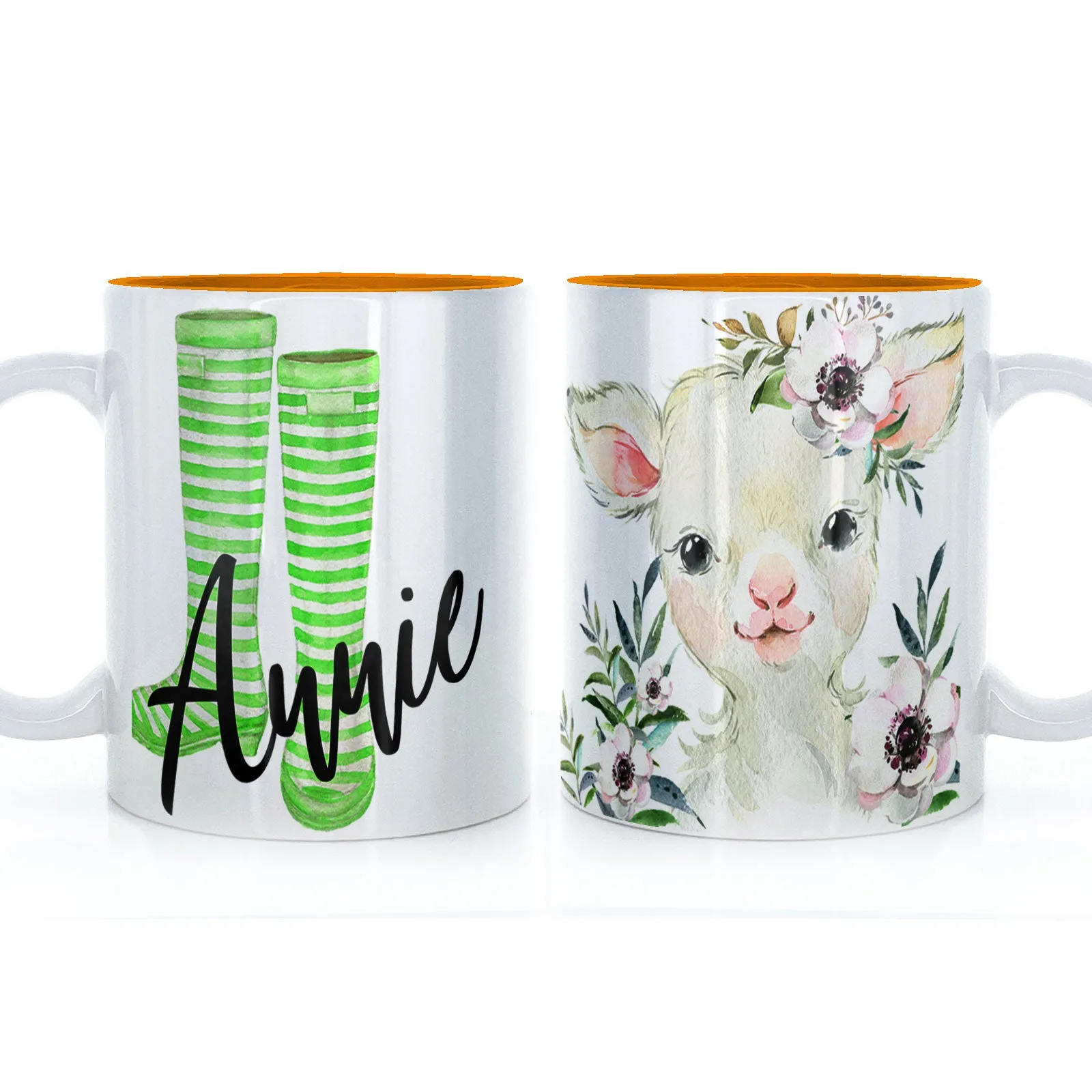 Personalised Mug with Stylish Text and White Flower Lamb & Green Striped Wellies