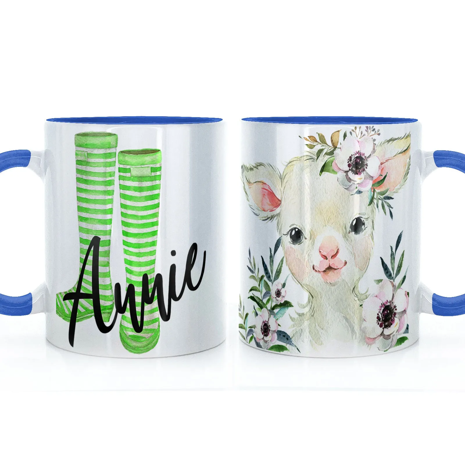 Personalised Mug with Stylish Text and White Flower Lamb & Green Striped Wellies
