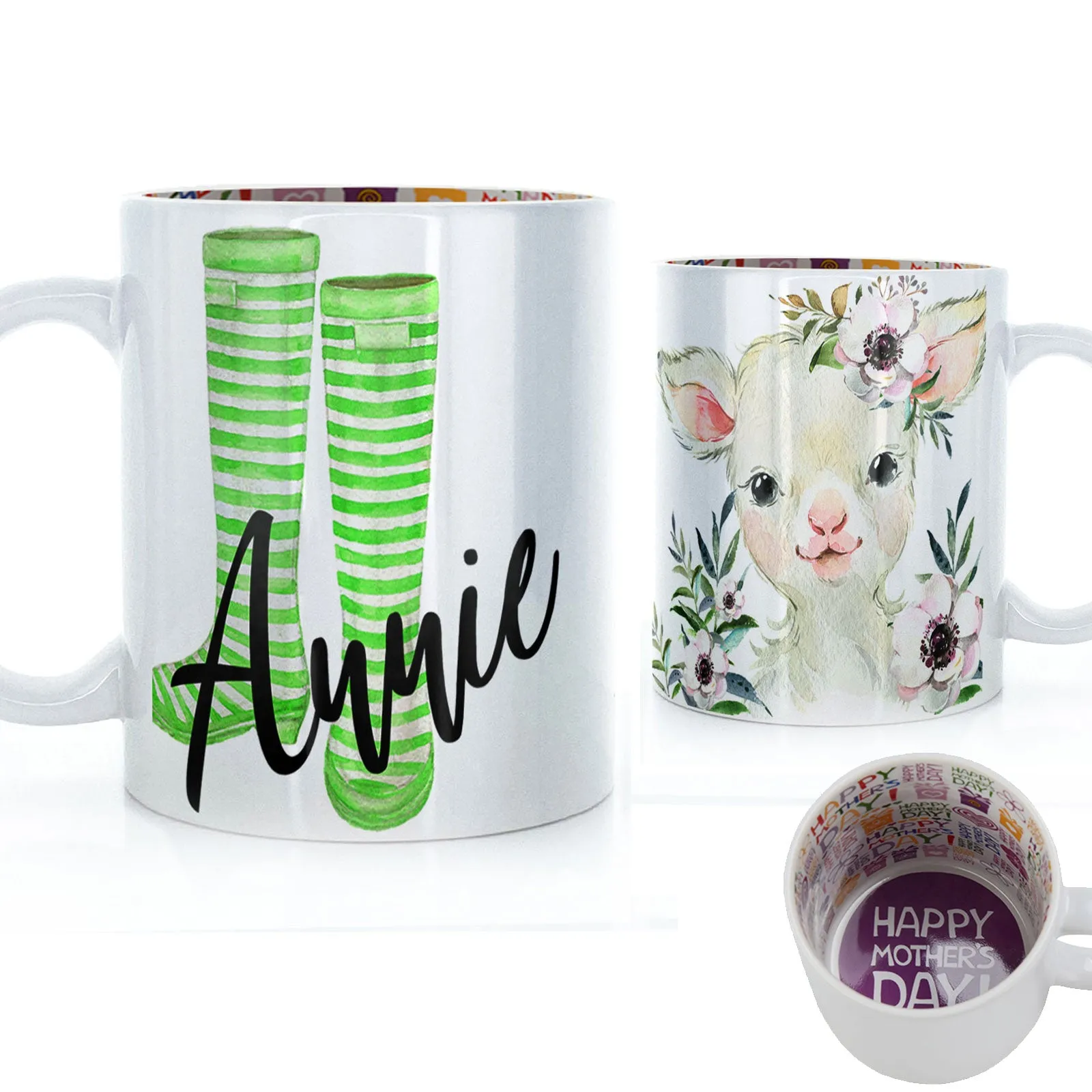 Personalised Mug with Stylish Text and White Flower Lamb & Green Striped Wellies