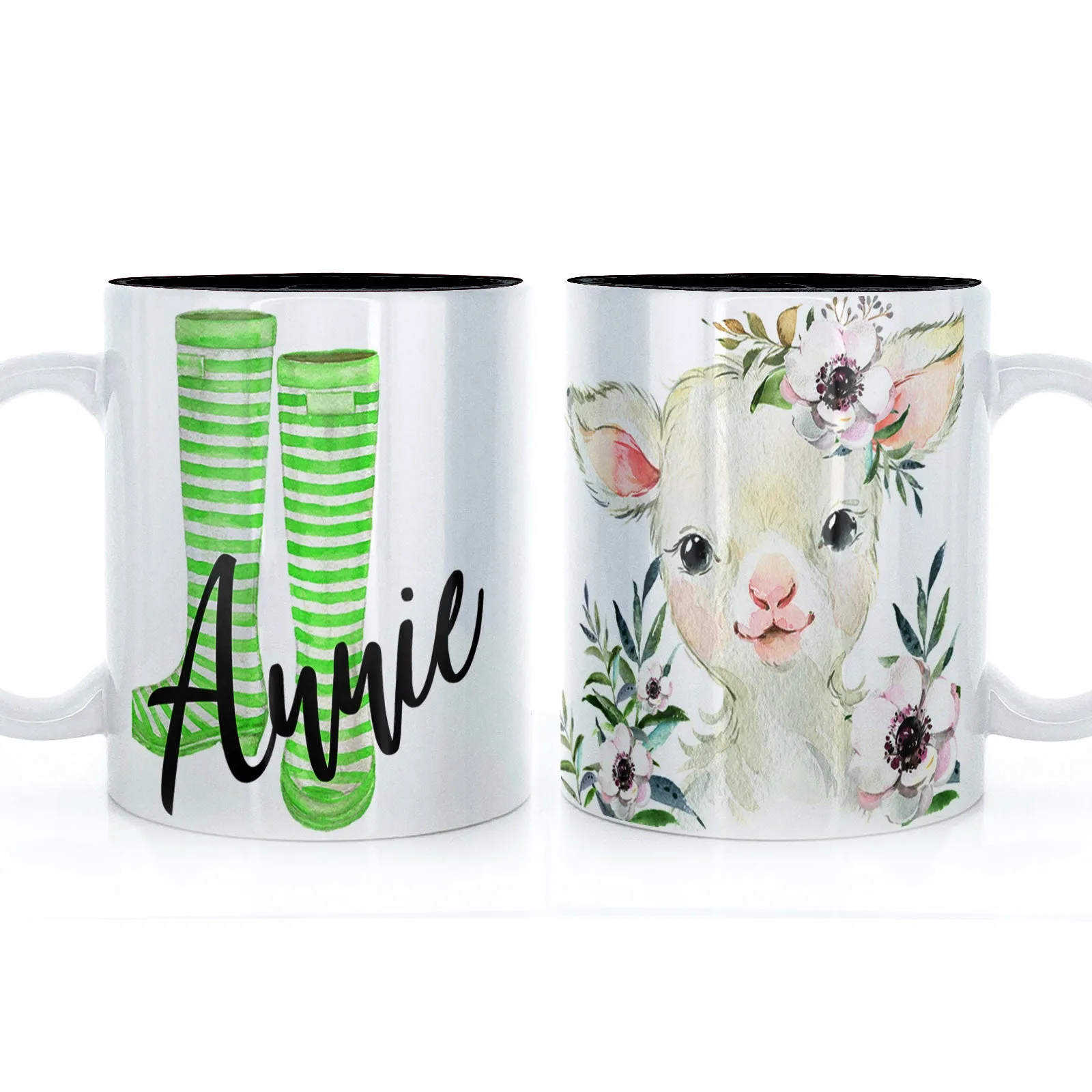 Personalised Mug with Stylish Text and White Flower Lamb & Green Striped Wellies