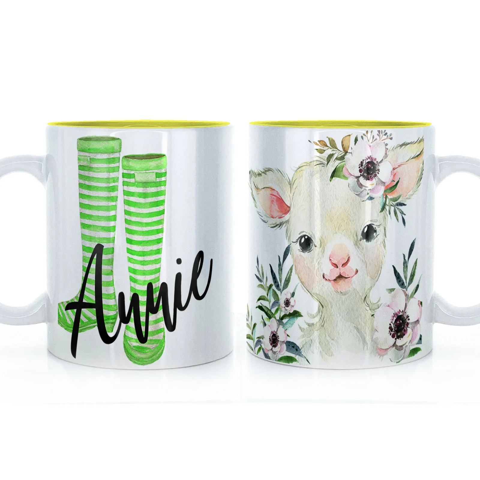 Personalised Mug with Stylish Text and White Flower Lamb & Green Striped Wellies