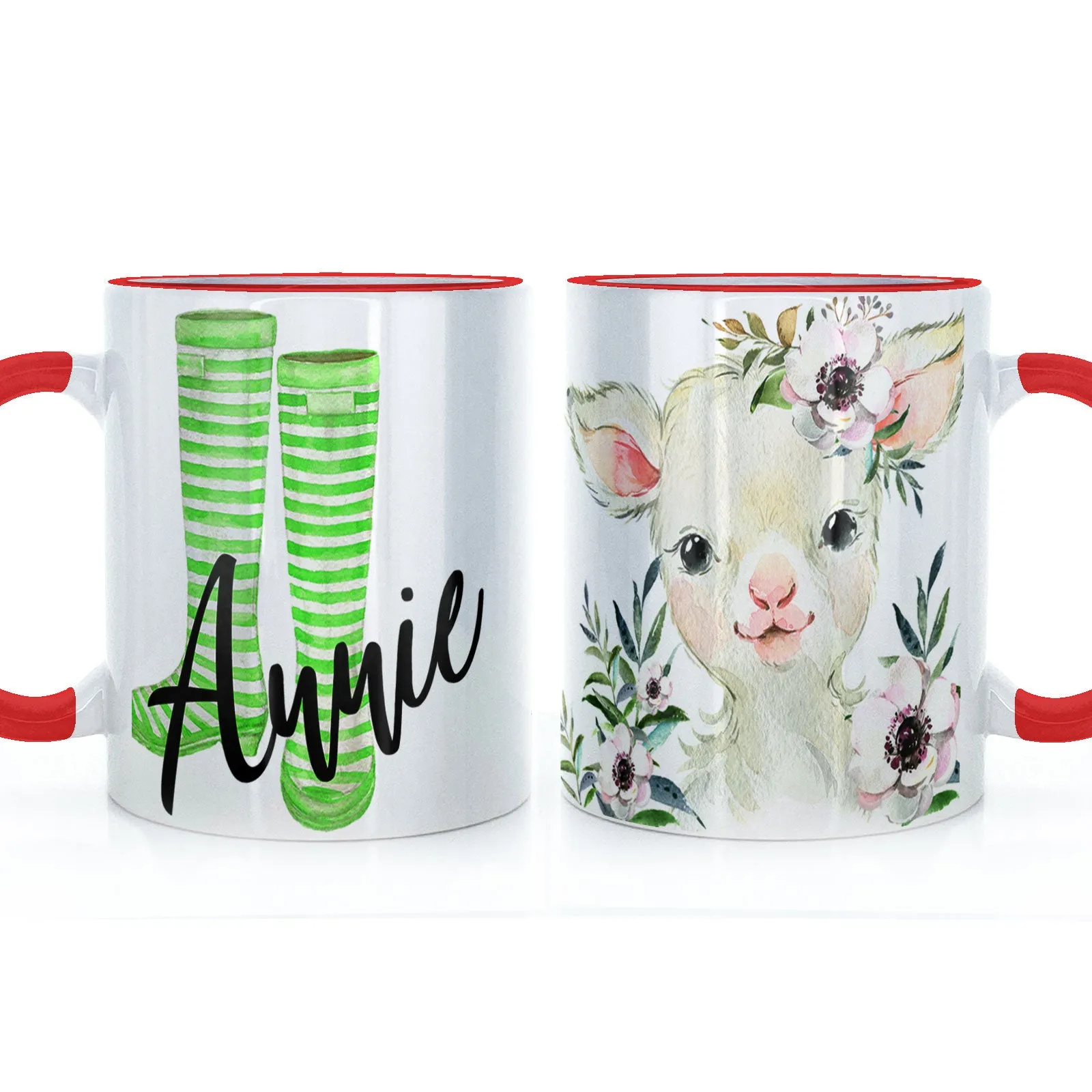 Personalised Mug with Stylish Text and White Flower Lamb & Green Striped Wellies