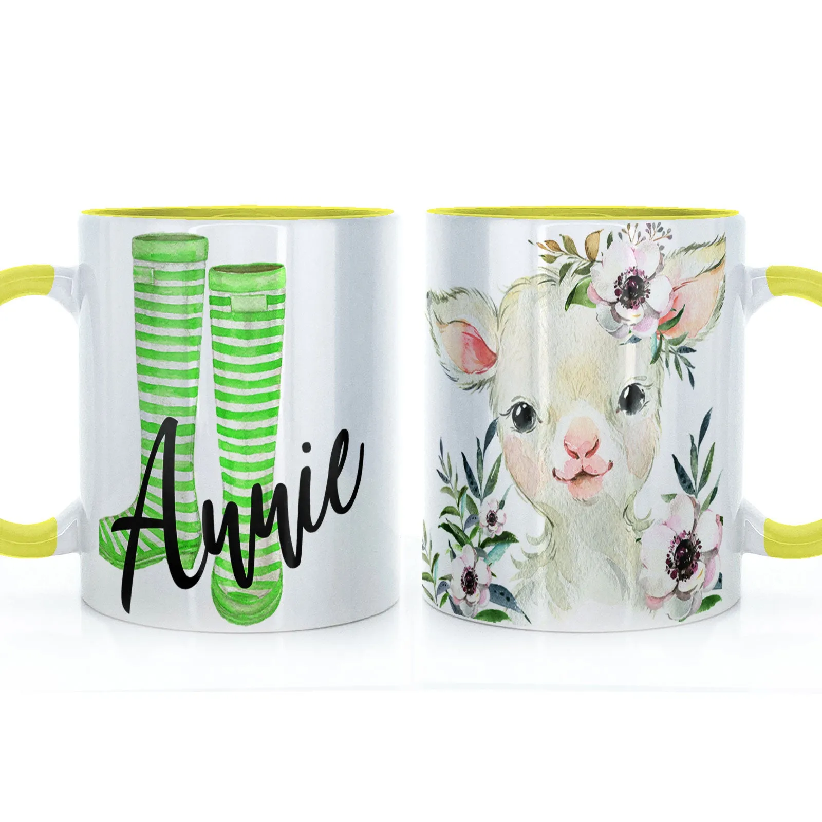 Personalised Mug with Stylish Text and White Flower Lamb & Green Striped Wellies