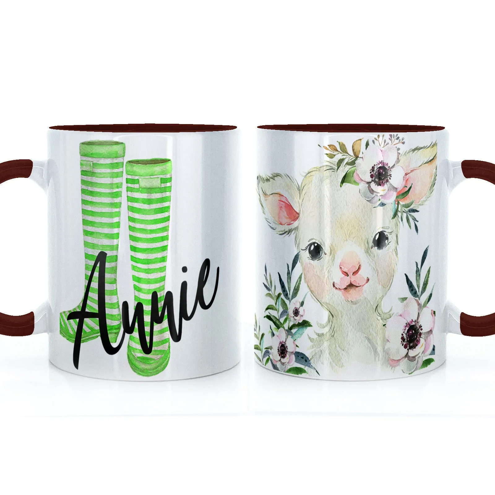 Personalised Mug with Stylish Text and White Flower Lamb & Green Striped Wellies