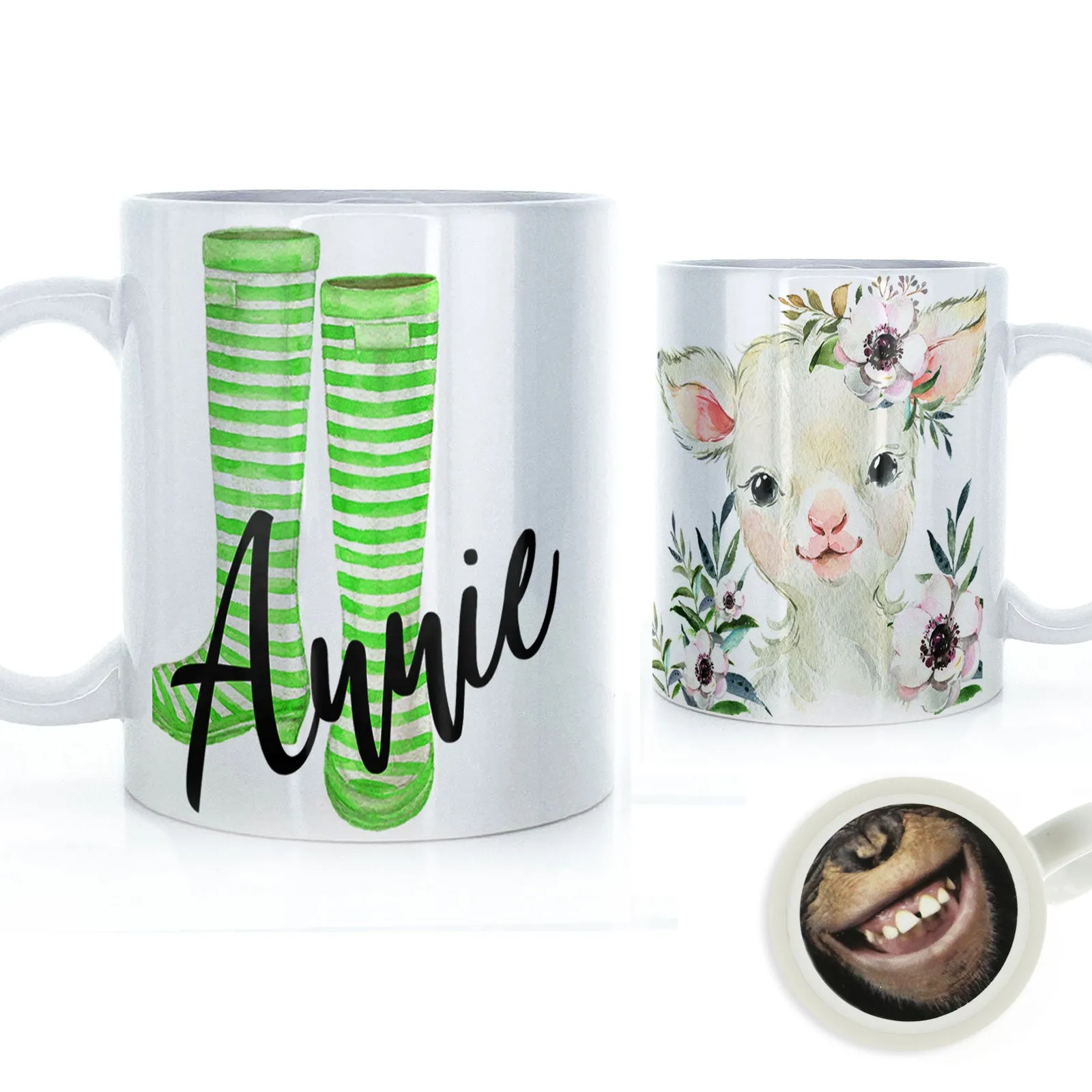 Personalised Mug with Stylish Text and White Flower Lamb & Green Striped Wellies