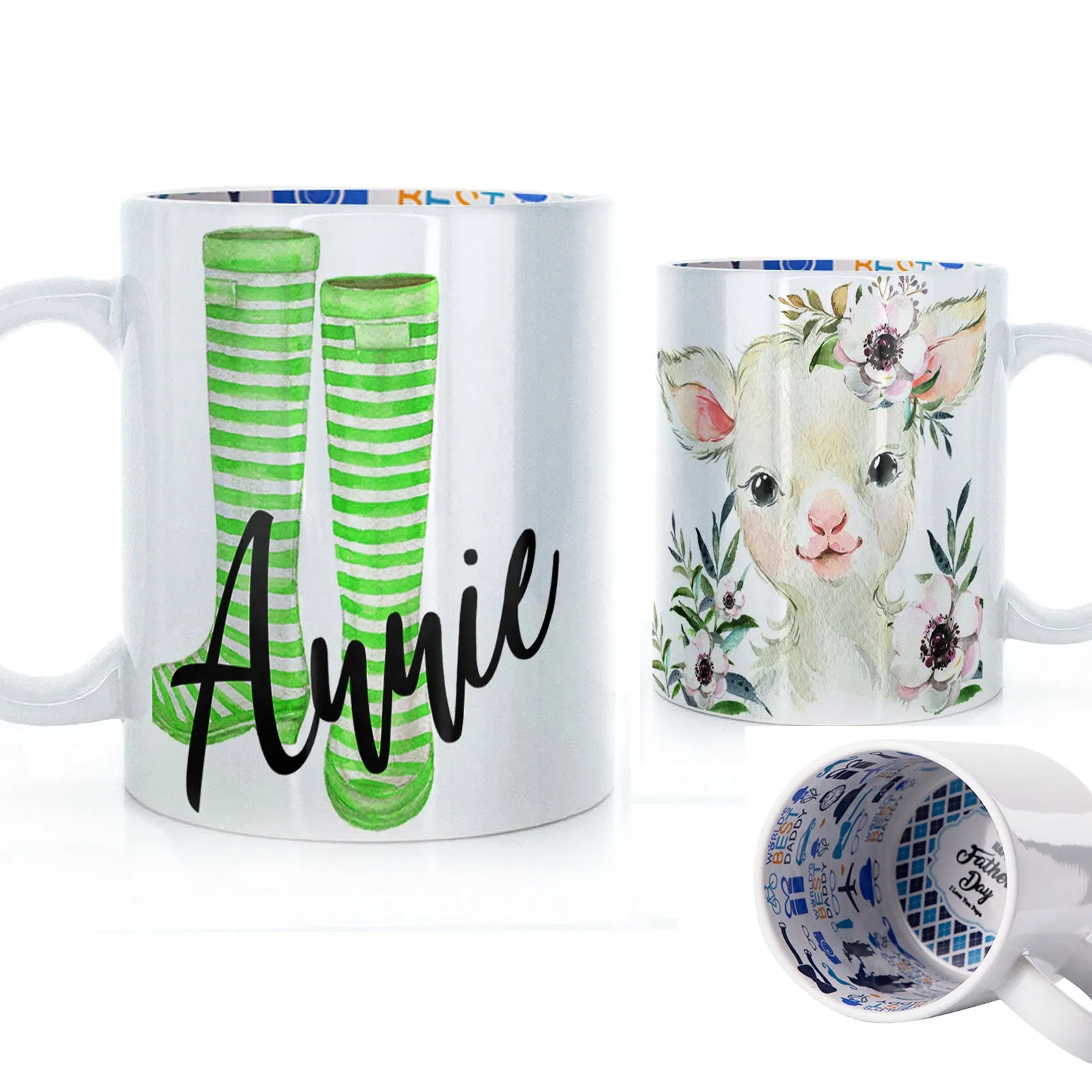 Personalised Mug with Stylish Text and White Flower Lamb & Green Striped Wellies