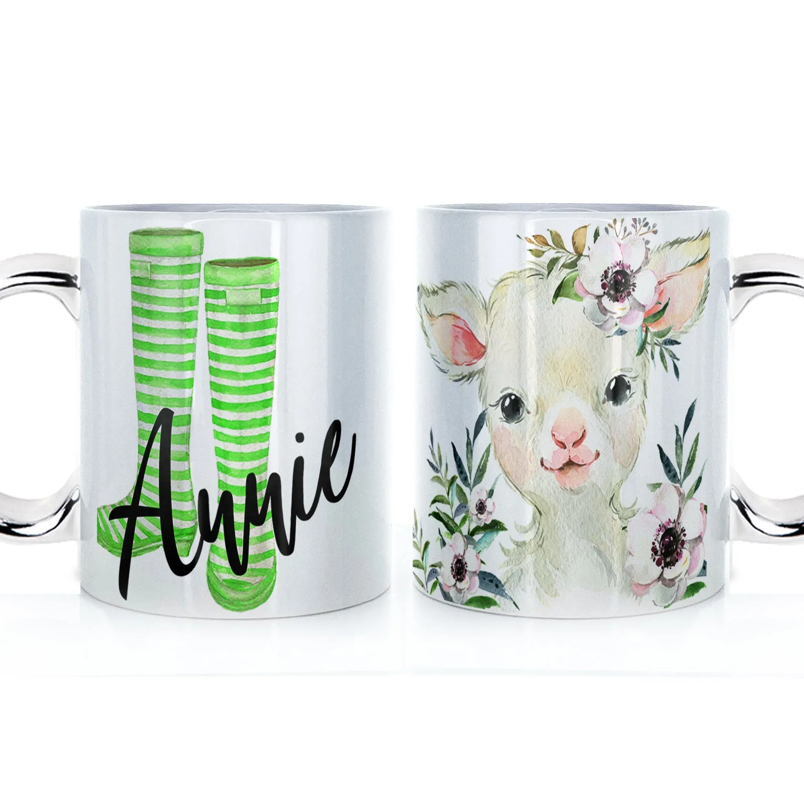 Personalised Mug with Stylish Text and White Flower Lamb & Green Striped Wellies