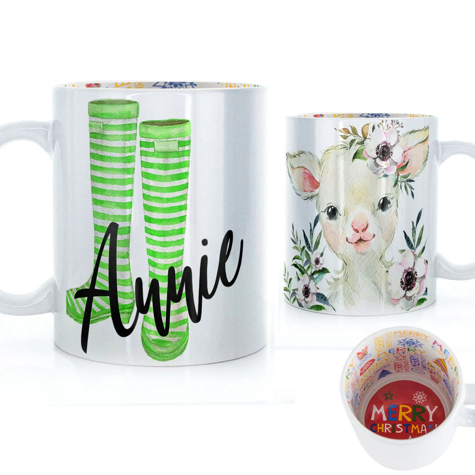 Personalised Mug with Stylish Text and White Flower Lamb & Green Striped Wellies