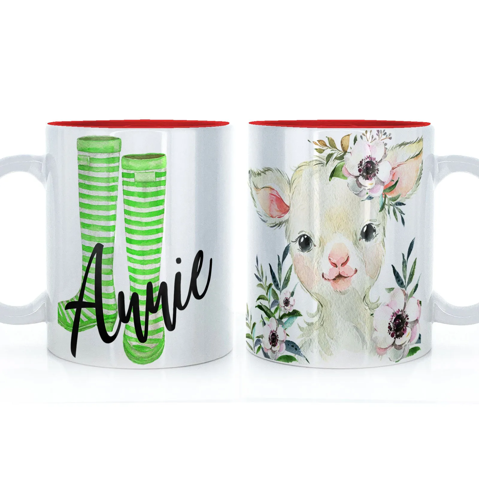 Personalised Mug with Stylish Text and White Flower Lamb & Green Striped Wellies