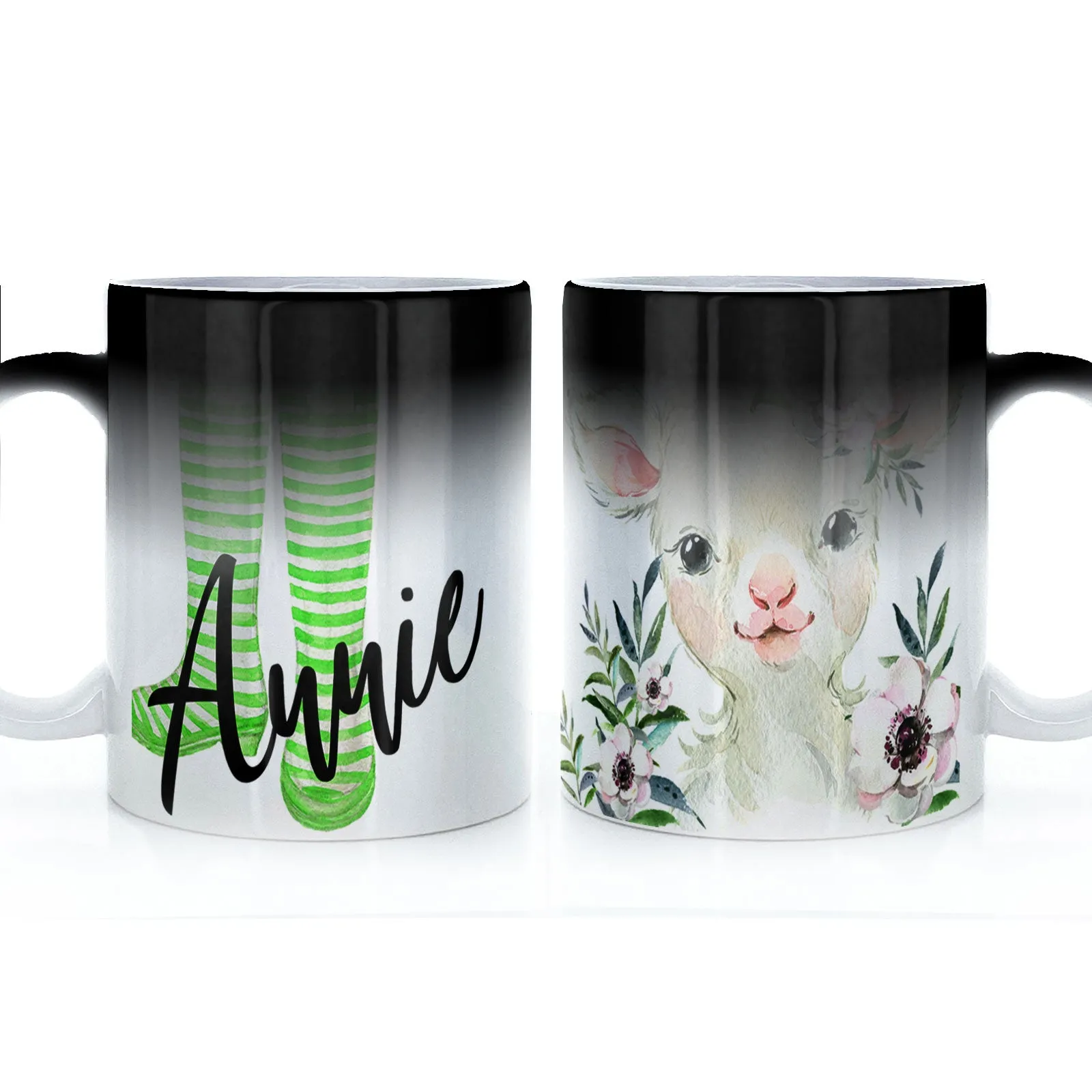 Personalised Mug with Stylish Text and White Flower Lamb & Green Striped Wellies