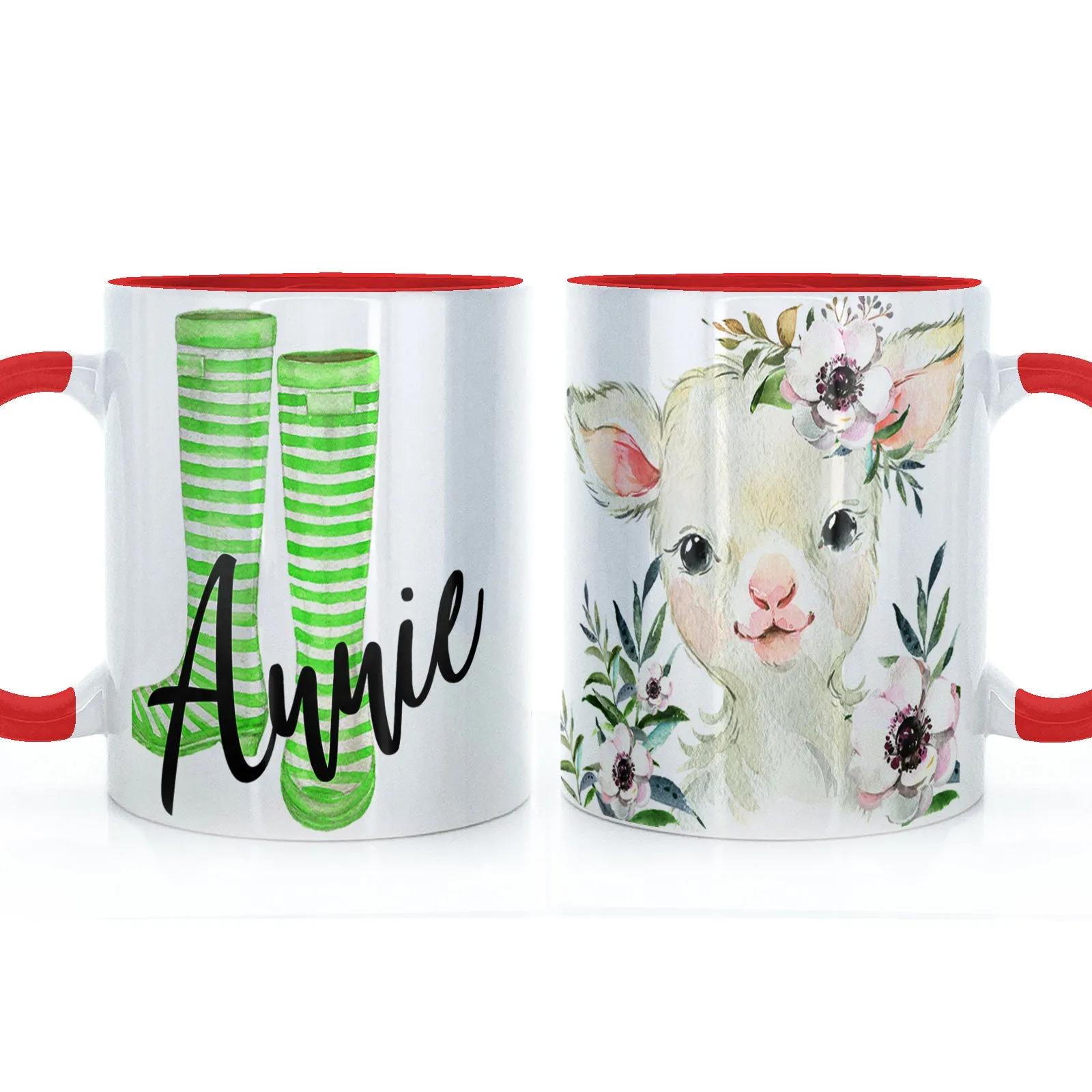 Personalised Mug with Stylish Text and White Flower Lamb & Green Striped Wellies