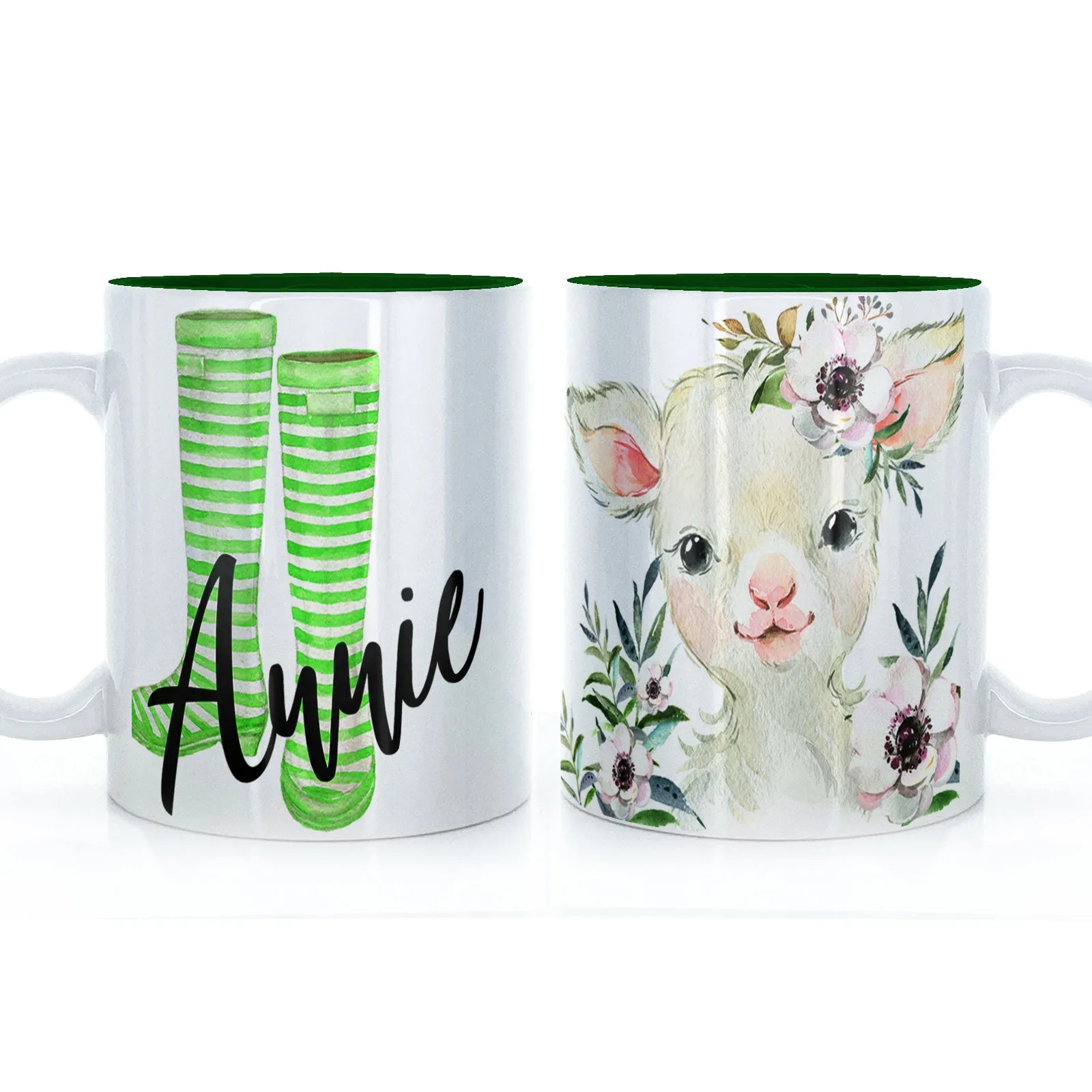 Personalised Mug with Stylish Text and White Flower Lamb & Green Striped Wellies