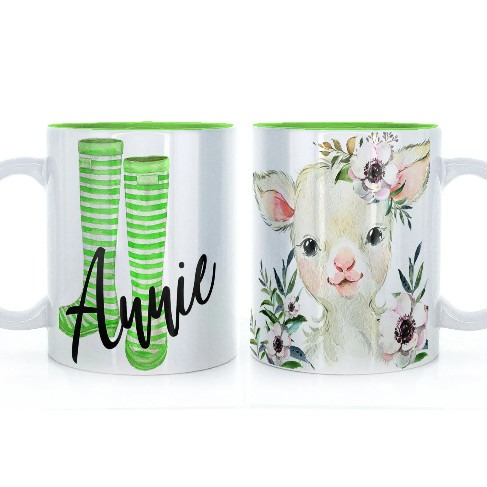 Personalised Mug with Stylish Text and White Flower Lamb & Green Striped Wellies