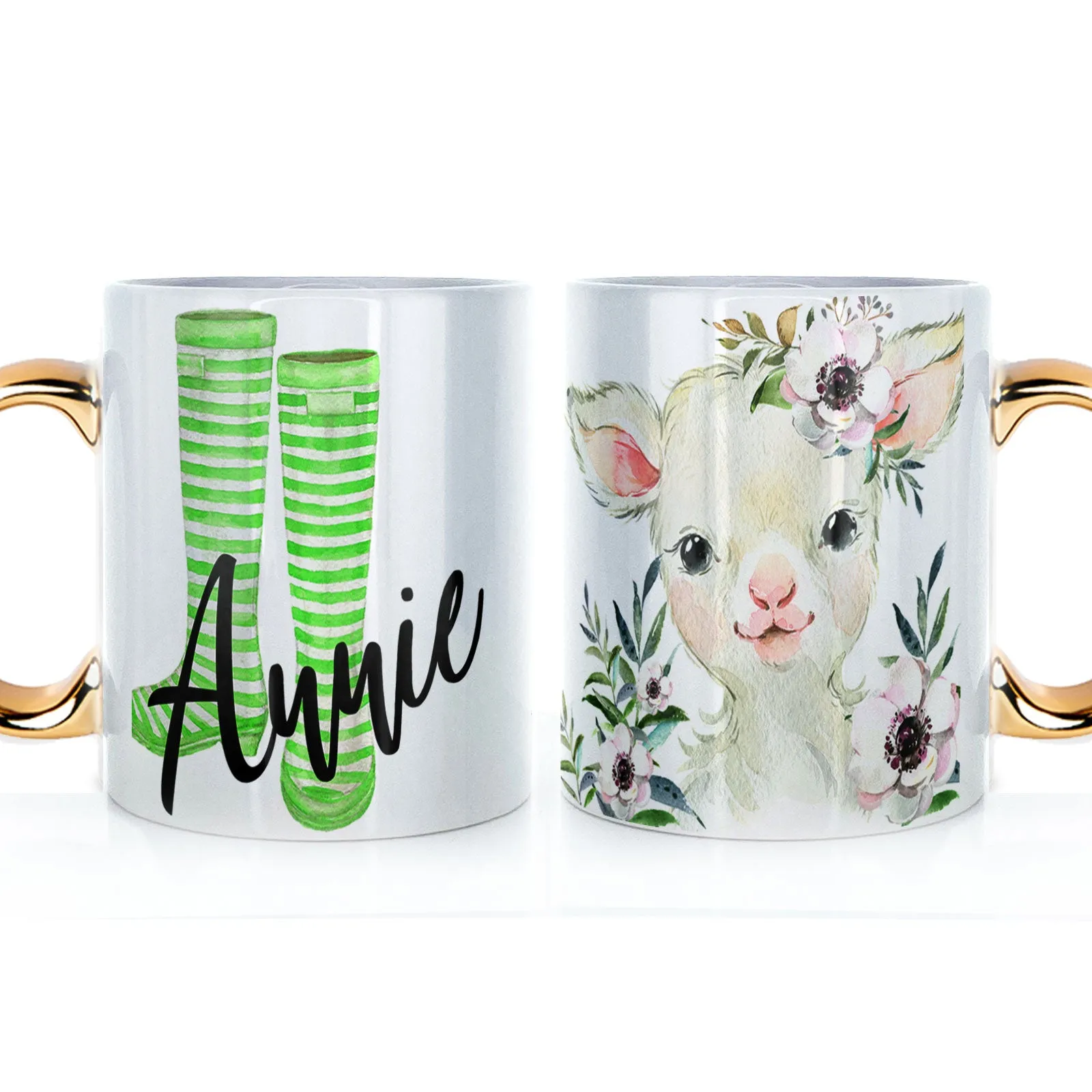 Personalised Mug with Stylish Text and White Flower Lamb & Green Striped Wellies